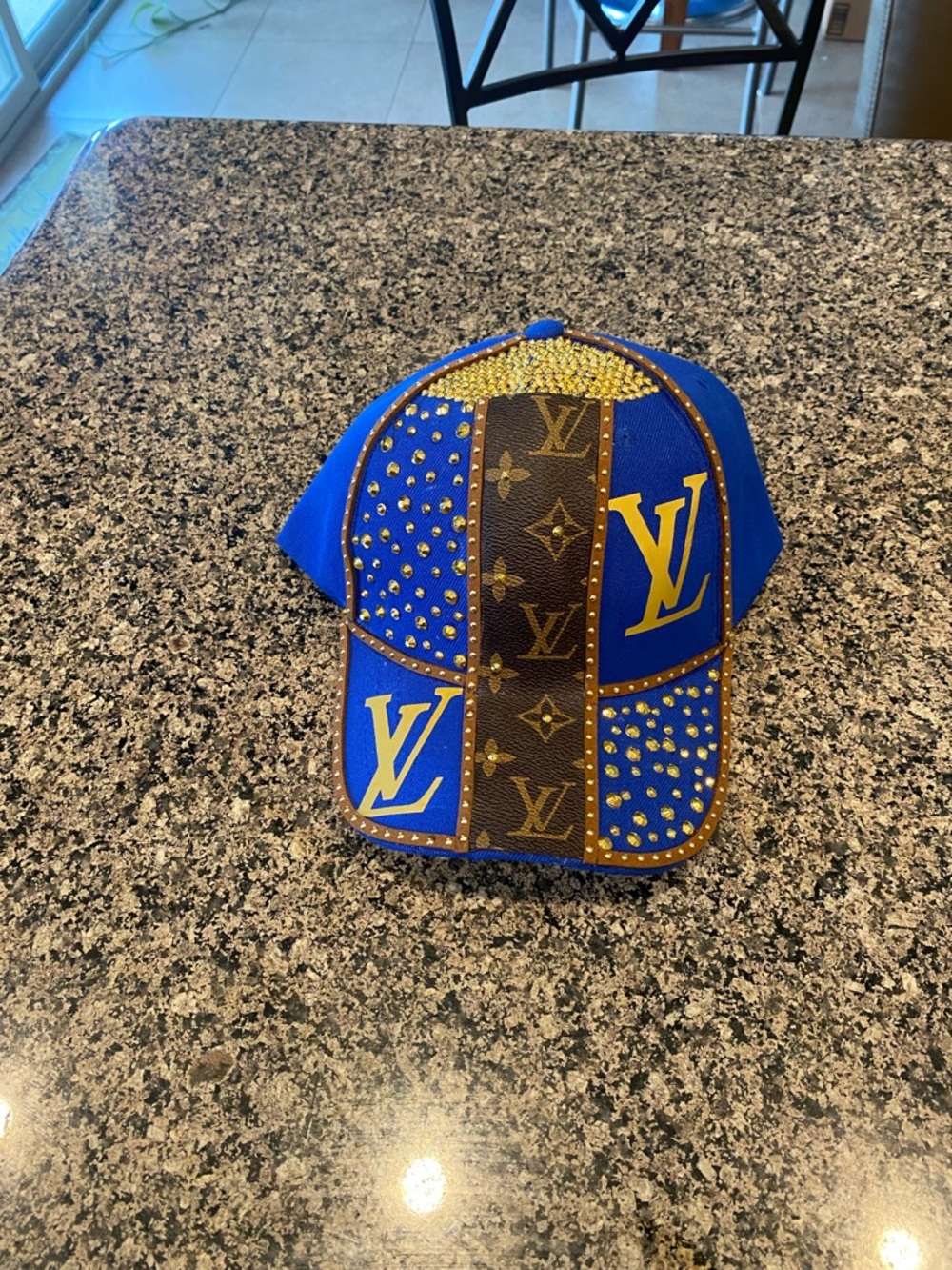 Customized Louis Vuitton Royal Blue and Brown Studded Monogram Cap